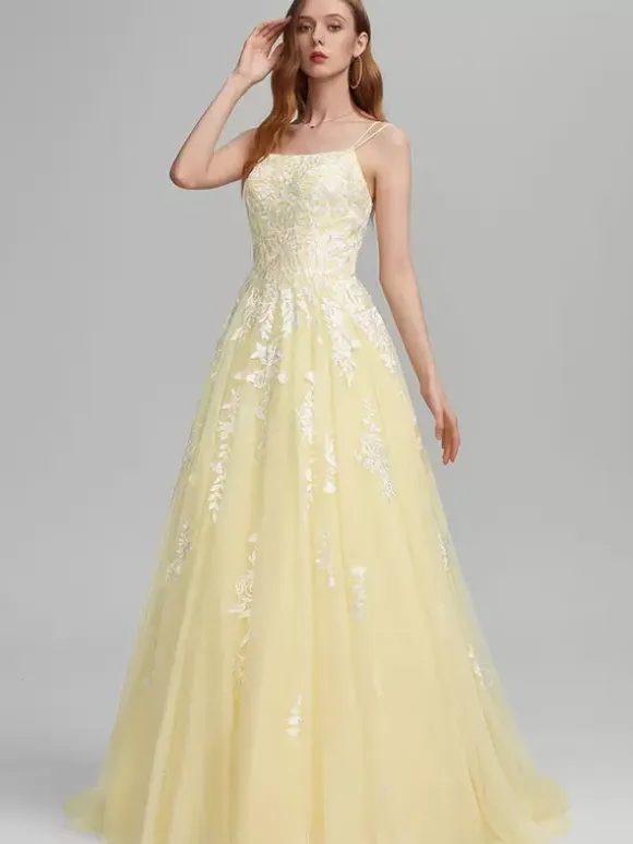 Prom Dress A-Line Square Neck Lace Sleeveless Lace Wedding Guest Dresses