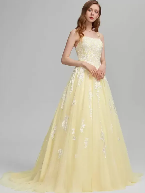 Prom Dress A-Line Square Neck Lace Sleeveless Lace Wedding Guest Dresses