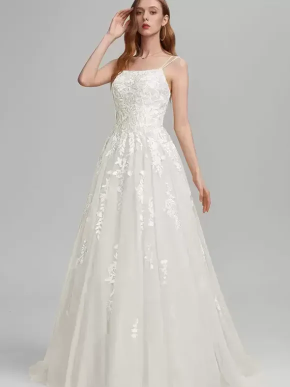 Prom Dress A-Line Square Neck Lace Sleeveless Lace Wedding Guest Dresses