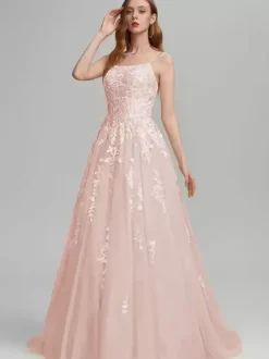 Prom Dress A-Line Square Neck Lace Sleeveless Lace Wedding Guest Dresses