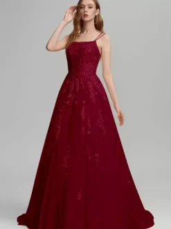 Prom Dress A-Line Square Neck Lace Sleeveless Lace Wedding Guest Dresses