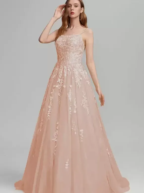 Prom Dress A-Line Square Neck Lace Sleeveless Lace Wedding Guest Dresses
