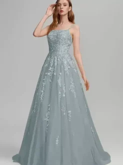 Prom Dress A-Line Square Neck Lace Sleeveless Lace Wedding Guest Dresses