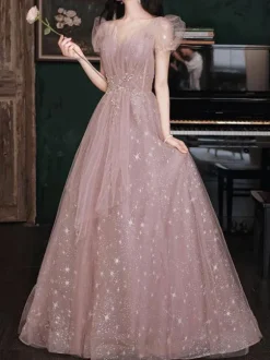 Prom Dress A-Line Strapless Lace Short Sleeves Party Dresses