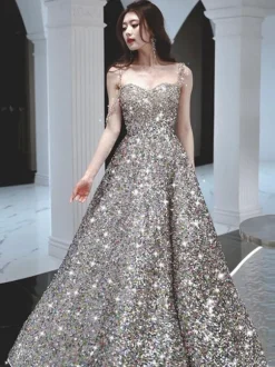 Prom Dress A-Line Strapless Sequined Sleeveless Beaded Party Dresses
