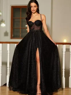Prom Dress A-Line Sweetheart Neck Lace Sleeveless Split Front Party Dresses