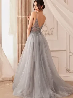 Prom Dress A-Line V-Neck Tulle Sleeveless Split Front Party Dresses