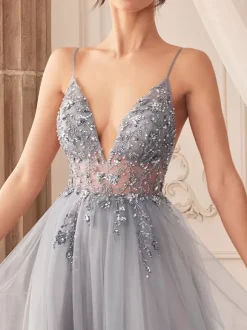 Prom Dress A-Line V-Neck Tulle Sleeveless Split Front Party Dresses
