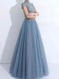 Prom Dress 2026 Blue Gray Ball Gown High Collar Tulle Short Sleeves Beaded Floor-Length Wedding Guest Dresses
