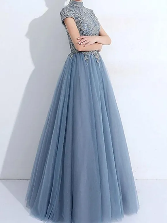 Prom Dress 2026 Blue Gray Ball Gown High Collar Tulle Short Sleeves Beaded Floor-Length Wedding Guest Dresses