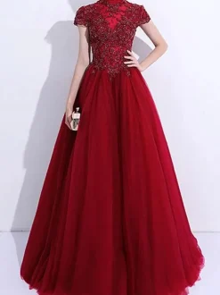 Prom Dress 2026 Blue Gray Ball Gown High Collar Tulle Short Sleeves Beaded Floor-Length Wedding Guest Dresses