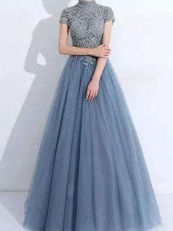 Prom Dress 2026 Blue Gray Ball Gown High Collar Tulle Short Sleeves Beaded Floor-Length Wedding Guest Dresses