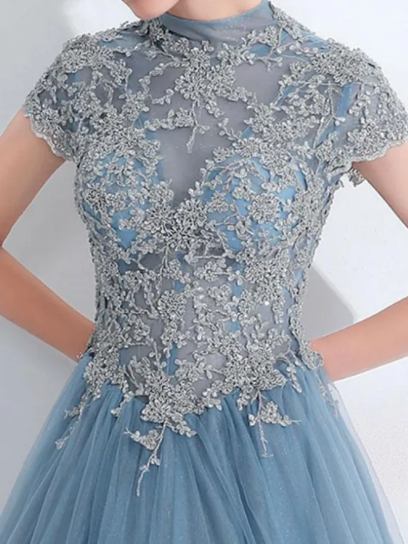 Prom Dress 2026 Blue Gray Ball Gown High Collar Tulle Short Sleeves Beaded Floor-Length Wedding Guest Dresses