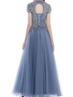 Prom Dress 2026 Blue Gray Ball Gown High Collar Tulle Short Sleeves Beaded Floor-Length Wedding Guest Dresses