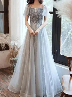 Prom Dress 2026 Brown Ball Gown Off-The-Shoulder Tulle Short Sleeves Beaded Floor-Length Pageant Dresses Wedding Guest Dresses Free Customization