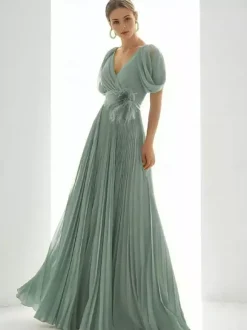 Prom Dress Chiffon V-Neck A-Line Short Sleeves Feathers Wedding Guest Dresses