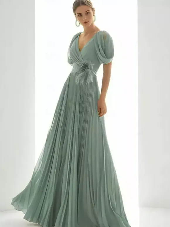 Prom Dress Chiffon V-Neck A-Line Short Sleeves Feathers Wedding Guest Dresses