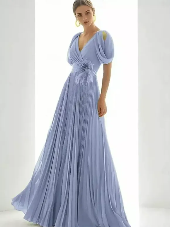 Prom Dress Chiffon V-Neck A-Line Short Sleeves Feathers Wedding Guest Dresses