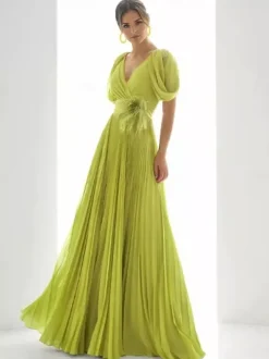 Prom Dress Chiffon V-Neck A-Line Short Sleeves Feathers Wedding Guest Dresses