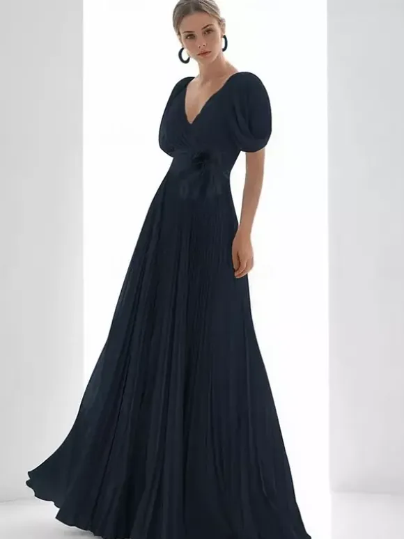 Prom Dress Chiffon V-Neck A-Line Short Sleeves Feathers Wedding Guest Dresses