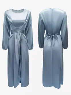 Prom Dresses Jewel Neck Pleated Stain Semi Formal Maxi Dress
