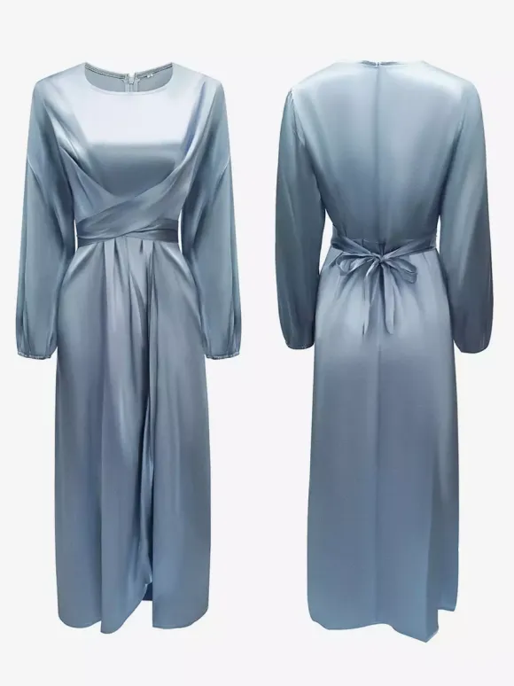 Prom Dresses Jewel Neck Pleated Stain Semi Formal Maxi Dress