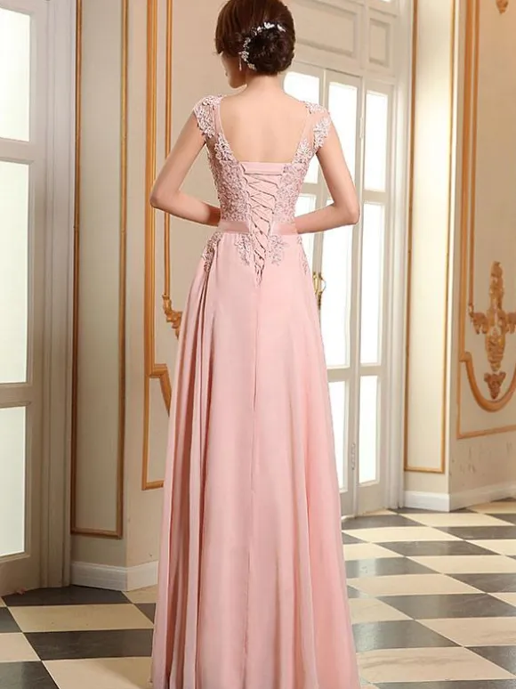 Prom Dresses Soft Pink Lace Applique Evening Dresses Chiffon Sleeveless Sash Floor Length Formal Gowns Wedding Guest Dresses