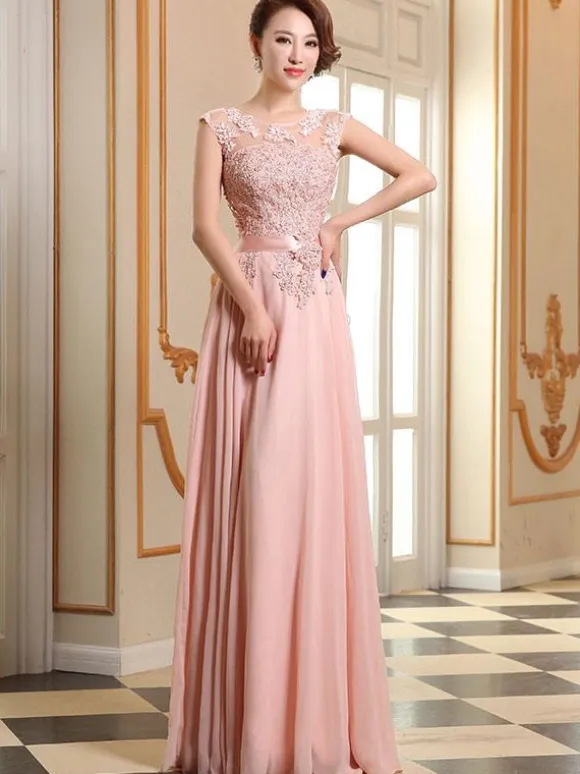 Prom Dresses Soft Pink Lace Applique Evening Dresses Chiffon Sleeveless Sash Floor Length Formal Gowns Wedding Guest Dresses