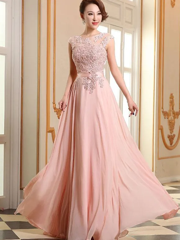 Prom Dresses Soft Pink Lace Applique Evening Dresses Chiffon Sleeveless Sash Floor Length Formal Gowns Wedding Guest Dresses