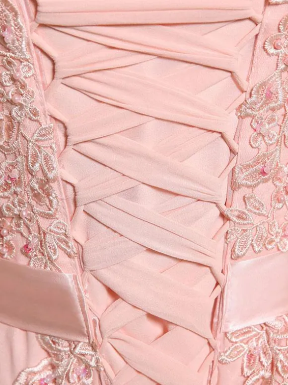 Prom Dresses Soft Pink Lace Applique Evening Dresses Chiffon Sleeveless Sash Floor Length Formal Gowns Wedding Guest Dresses