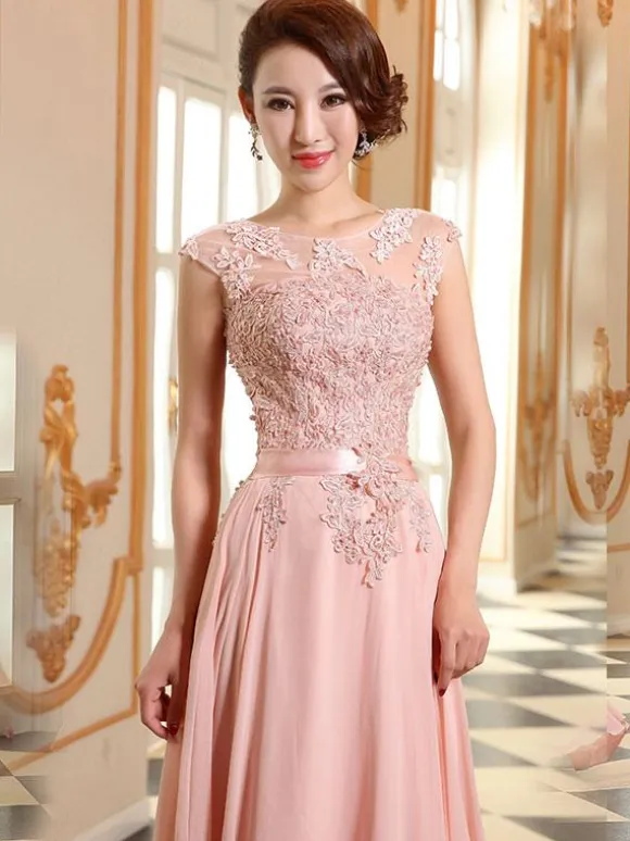 Prom Dresses Soft Pink Lace Applique Evening Dresses Chiffon Sleeveless Sash Floor Length Formal Gowns Wedding Guest Dresses