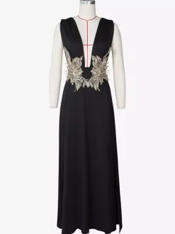 Prom Dresses V-Neck Embroidered High-slit Semi Formal Long Dress
