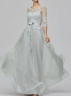 Prom Dress 2026 Light Gray Jewel Neck Ball Gown Half Sleeves Lace-Up Applique Long Party Dresses Wedding Guest Dresses