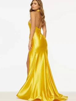 Prom Dress Mermaid Halter Satin Fabric Sweep Split Front Social Party Dresses