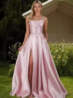 Prom Dress Satin Fabric Designed Neckline A-Line Sleeveless Pleated Party Dresses