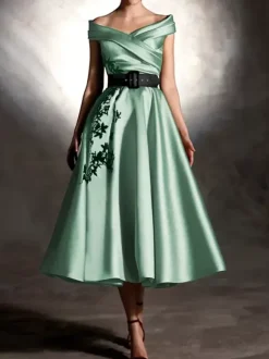Prom Dress Satin Fabric Designed Neckline Ball Gown Short Sleeves Applique Party Dresses