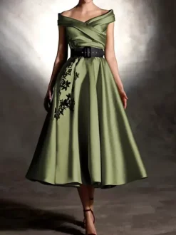 Prom Dress Satin Fabric Designed Neckline Ball Gown Short Sleeves Applique Party Dresses