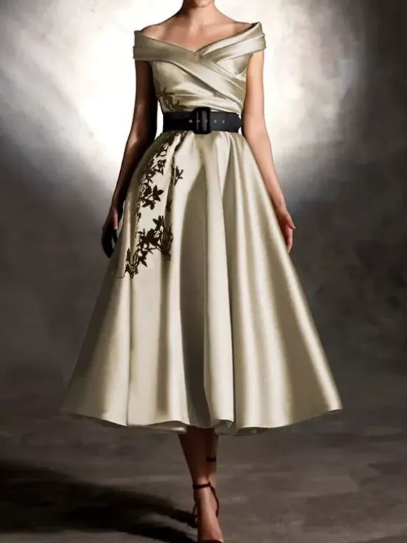 Prom Dress Satin Fabric Designed Neckline Ball Gown Short Sleeves Applique Party Dresses
