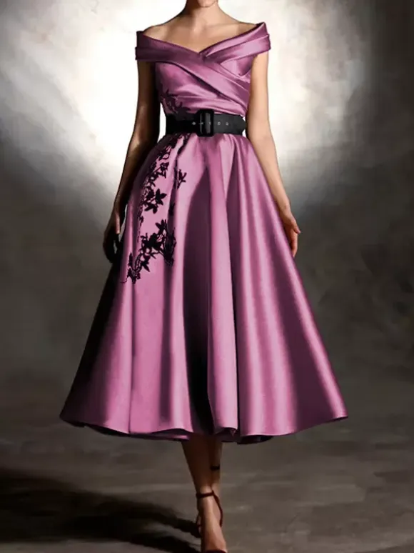 Prom Dress Satin Fabric Designed Neckline Ball Gown Short Sleeves Applique Party Dresses