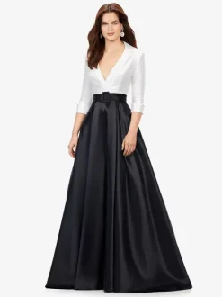 Prom Dress Satin Fabric V-Neck A-Line Half Sleeves Sash Party Dresses