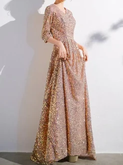 Prom Dress Sequined V-Neck A-Line Half Sleeves Party Dresses