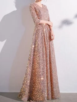 Prom Dress Sequined V-Neck A-Line Half Sleeves Party Dresses