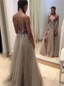 Prom Dress 2026 Sliver A-Line V-Neck Sweep Zipper Applique Sequined Tulle Lace Pageant Dresses Free Customization