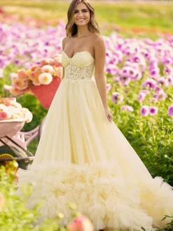 Prom Dress Sweetheart Neck Tulle Sleeveless Lace Party Dresses