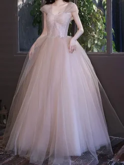Prom Dress Tulle Strapless A-Line Short Sleeves Wedding Guest Dresses