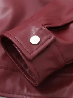 PU Leather Jacket Turndown Collar Long Sleeves Zipper Women's Jacket In Burgundy