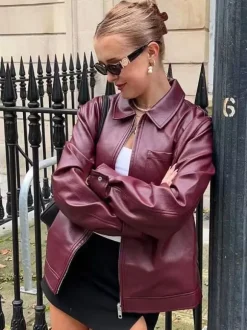 PU Leather Jacket Turndown Collar Long Sleeves Zipper Women's Jacket In Burgundy