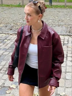 PU Leather Jacket Turndown Collar Long Sleeves Zipper Women's Jacket In Burgundy