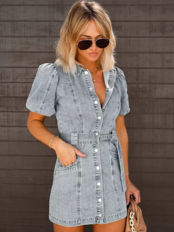 Puff Sleeve Denim Dress For Women - Light Blue Washed Vintage Belted Button Down Mini Dress - Summer Casual Streetwear 2026