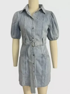Puff Sleeve Denim Dress For Women - Light Blue Washed Vintage Belted Button Down Mini Dress - Summer Casual Streetwear 2026